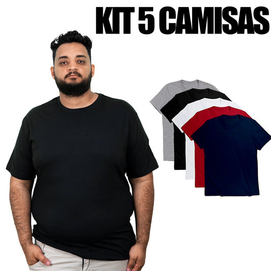 Kit 5 Camisas Plus Size Masculina Lisa Algodão Premium